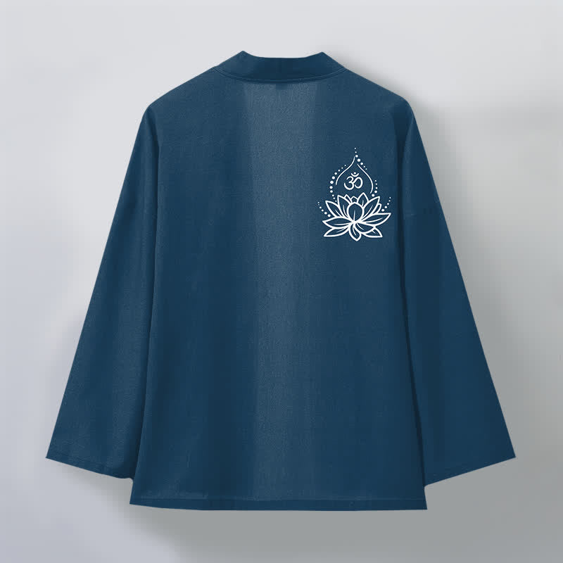 Buddha Stones Cotton Lotus Om Pattern Open Front Men's Kimono - image 8
