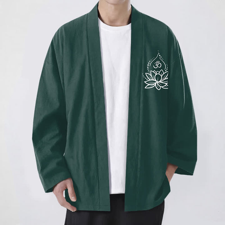 Buddha Stones Cotton Lotus Om Pattern Open Front Men's Kimono - DarkGreen - US/UK/AU48，EU58 (4XL) - image 9
