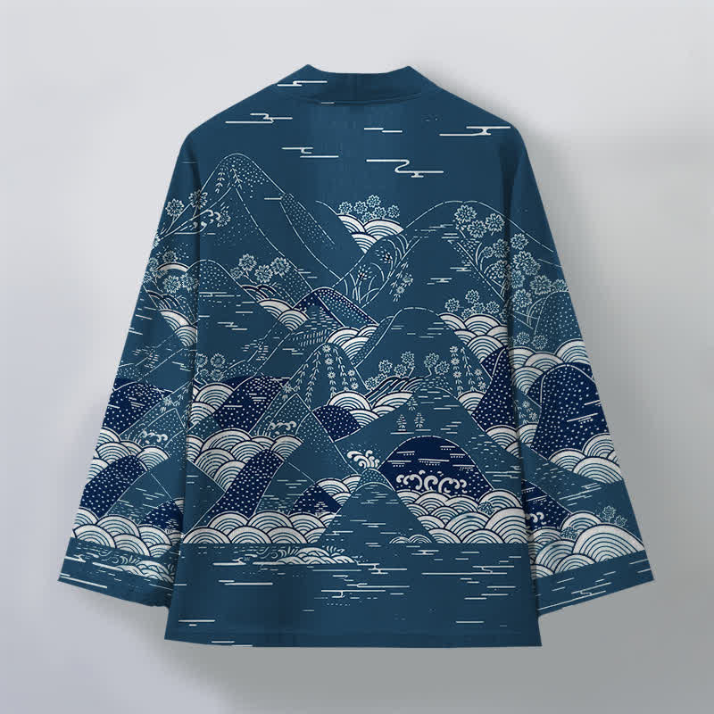 Buddha Stones Cotton Japanese Landscape Waves Pattern Open Front Men's Kimono - image 2