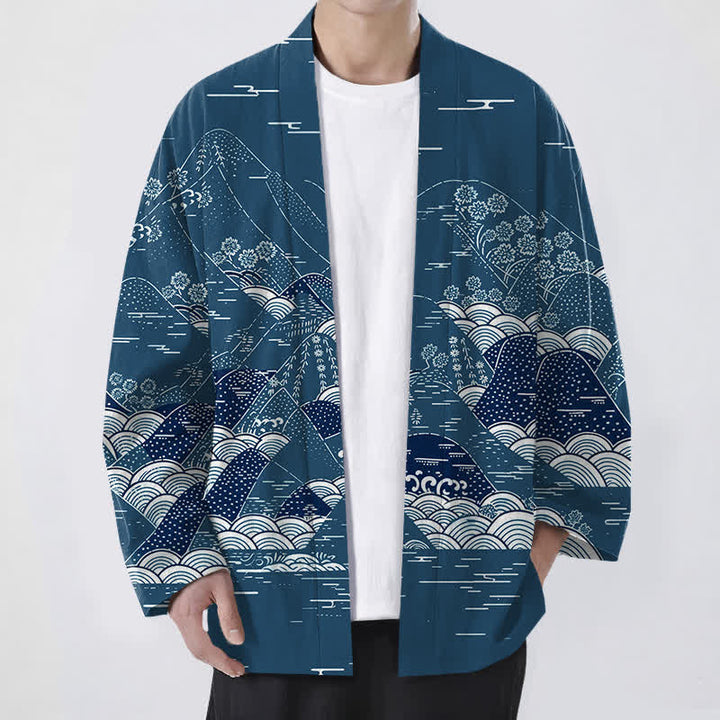 Buddha Stones Cotton Japanese Landscape Waves Pattern Open Front Men's Kimono - Teal - US/UK/AU48，EU58 (4XL) - image 0