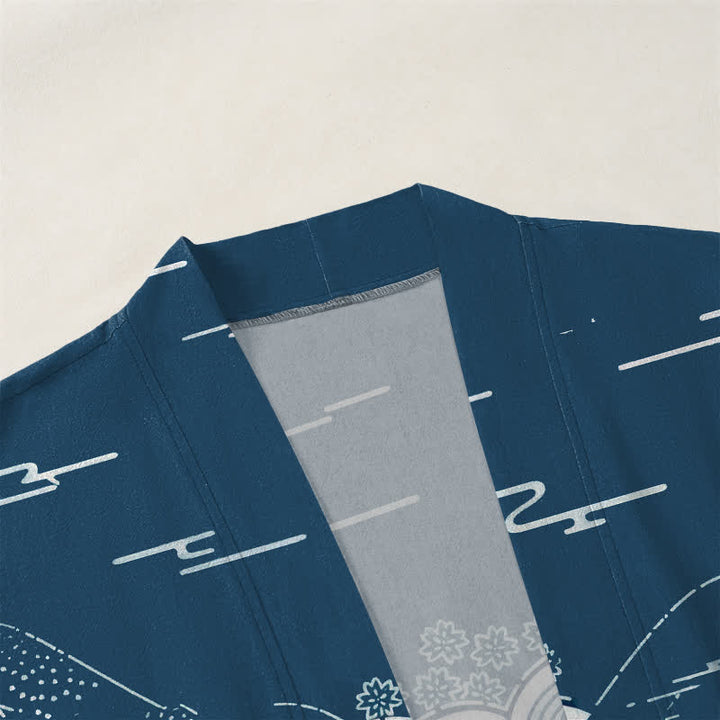 Buddha Stones Cotton Japanese Landscape Waves Pattern Open Front Men's Kimono - image 3