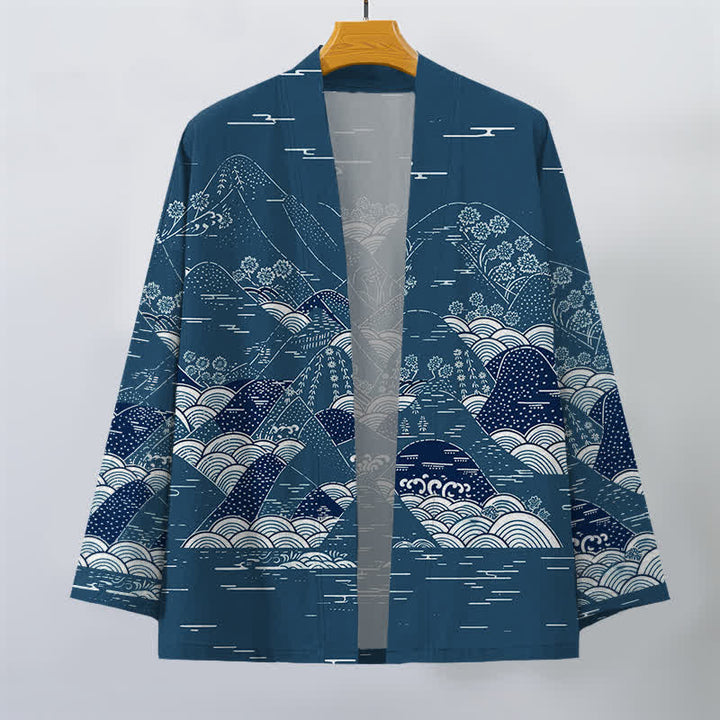 Buddha Stones Cotton Japanese Landscape Waves Pattern Open Front Men's Kimono - image 1