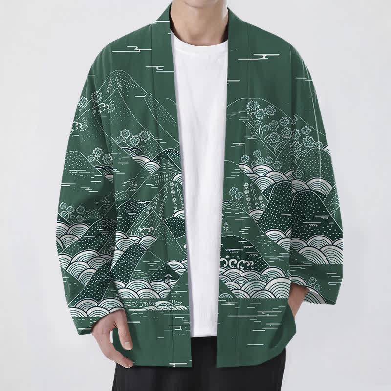 Buddha Stones Cotton Japanese Landscape Waves Pattern Open Front Men's Kimono - ForestGreen - US/UK/AU48，EU58 (4XL) - image 6