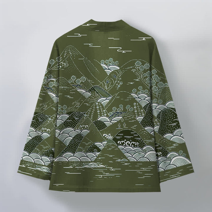 Buddha Stones Cotton Japanese Landscape Waves Pattern Open Front Men's Kimono - image 11