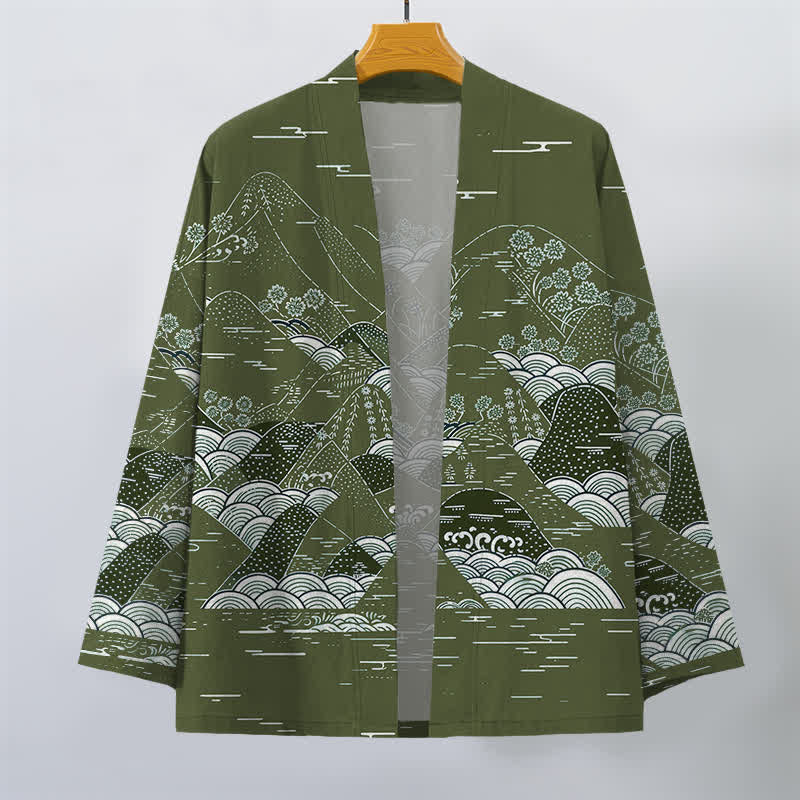 Buddha Stones Cotton Japanese Landscape Waves Pattern Open Front Men's Kimono - image 10
