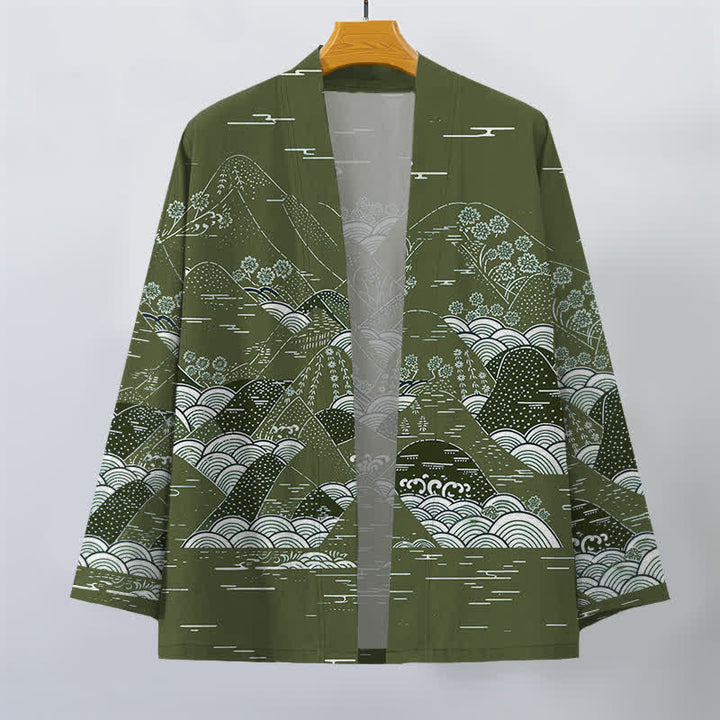 Buddha Stones Cotton Japanese Landscape Waves Pattern Open Front Men's Kimono - image 10