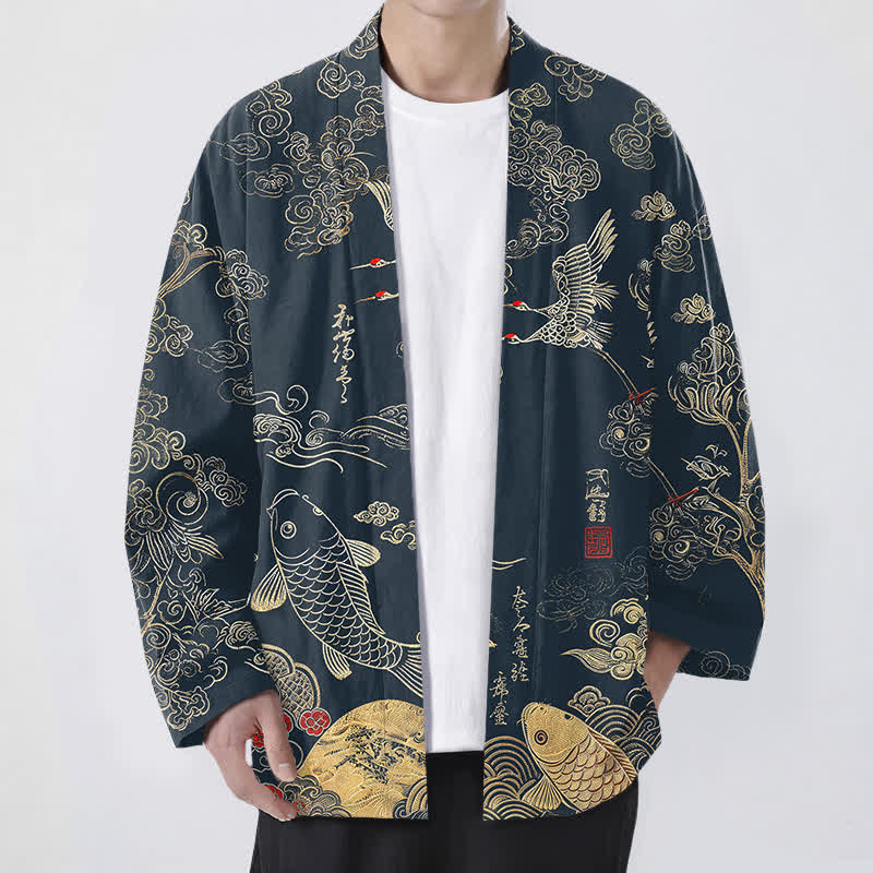 Buddha Stones Cotton Chinese Crane And Koi Fish Pattern Open Front Men's Kimono - Navy - US/UK/AU48，EU58 (4XL) - image 0