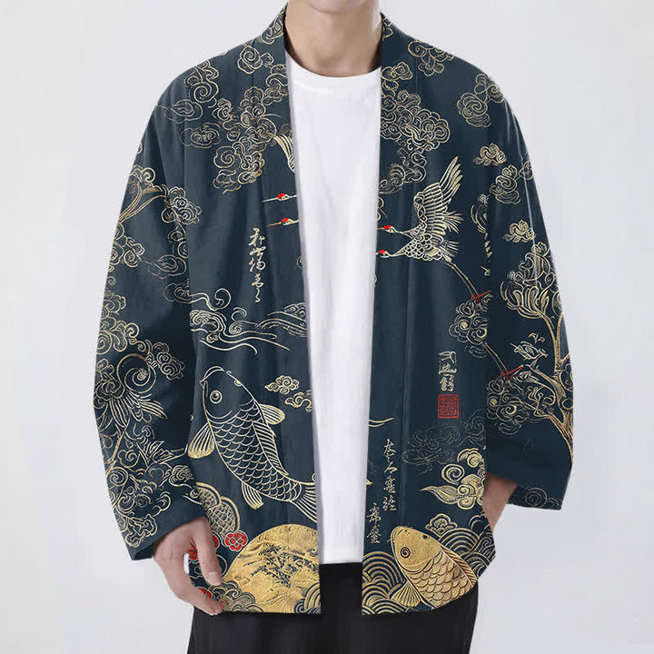 Buddha Stones Cotton Chinese Crane And Koi Fish Pattern Open Front Men's Kimono - Navy - US/UK/AU48，EU58 (4XL) - image 0