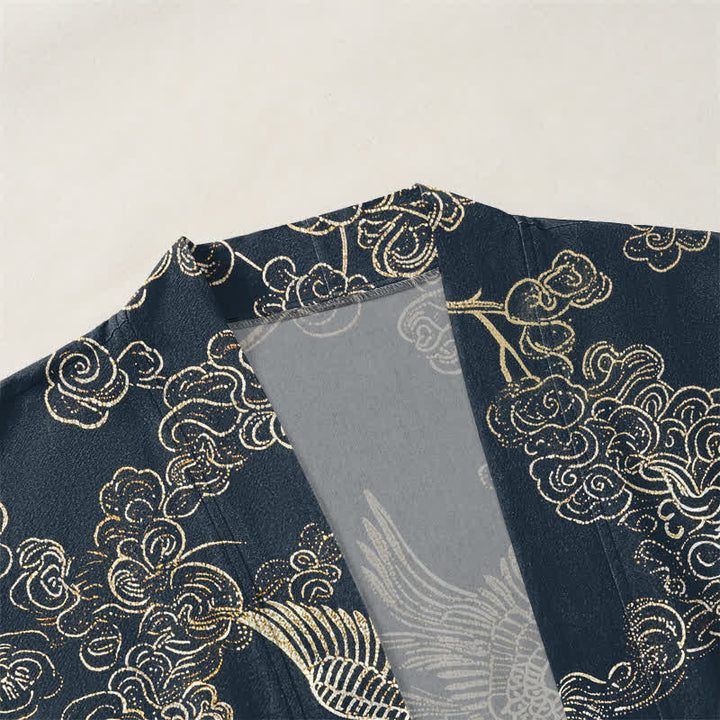 Buddha Stones Cotton Chinese Crane And Koi Fish Pattern Open Front Men's Kimono - image 3