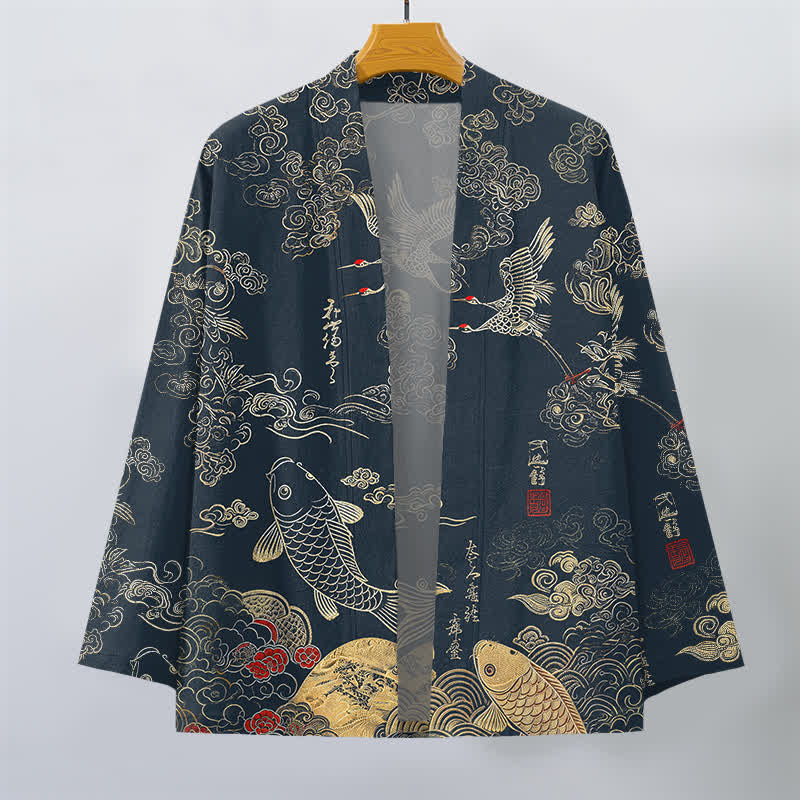 Buddha Stones Cotton Chinese Crane And Koi Fish Pattern Open Front Men's Kimono - image 1