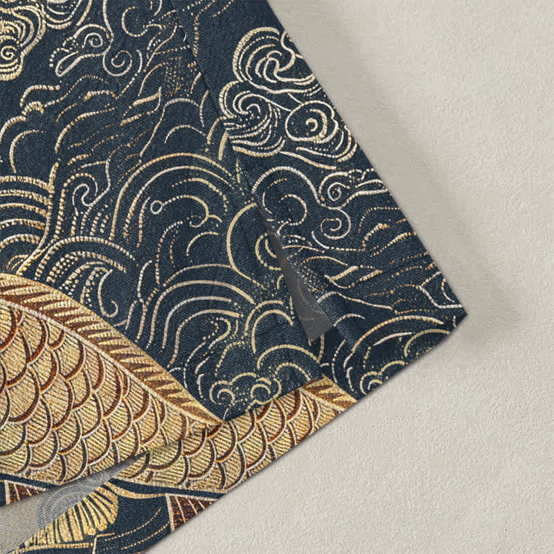 Buddha Stones Cotton Chinese Crane And Koi Fish Pattern Open Front Men's Kimono - image 4