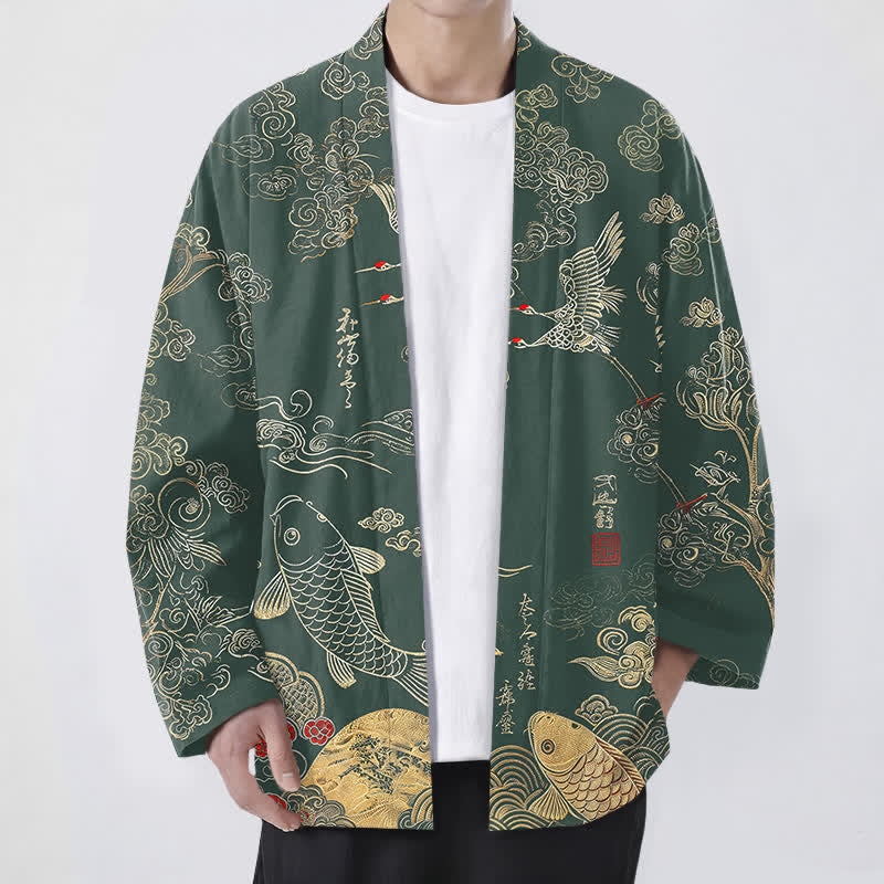 Buddha Stones Cotton Chinese Crane And Koi Fish Pattern Open Front Men's Kimono - DarkGreen - US/UK/AU48，EU58 (4XL) - image 6