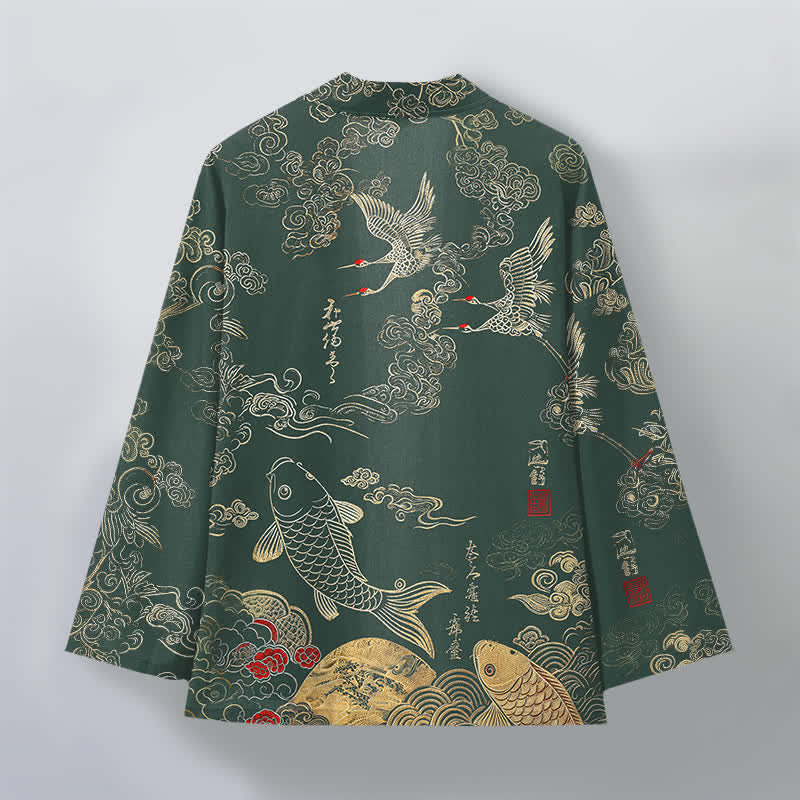 Buddha Stones Cotton Chinese Crane And Koi Fish Pattern Open Front Men's Kimono - image 8