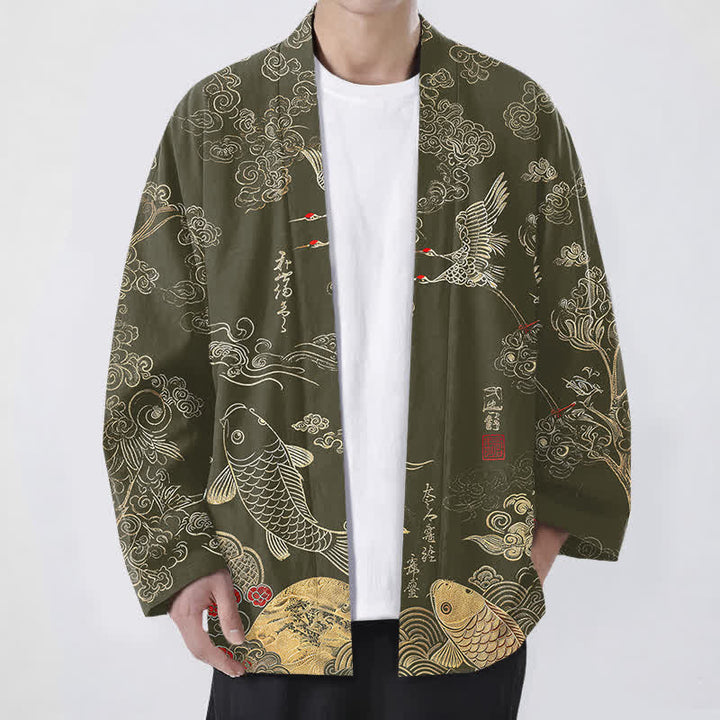Buddha Stones Cotton Chinese Crane And Koi Fish Pattern Open Front Men's Kimono - Olive - US/UK/AU48，EU58 (4XL) - image 9