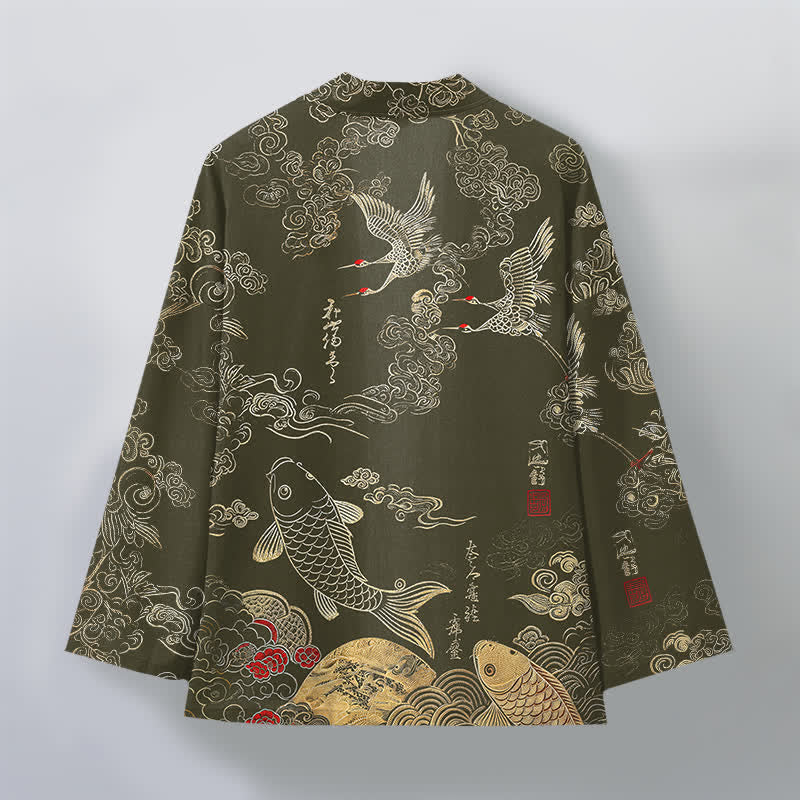 Buddha Stones Cotton Chinese Crane And Koi Fish Pattern Open Front Men's Kimono - image 11