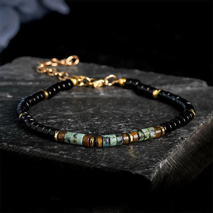 Buddha Stones Black Onyx and Turquoise Protection Round Bead Bracelet - Black Onyx & Turquoise (Wrist Circumference: 7.1–7.9 in/18–20 cm) - image 0