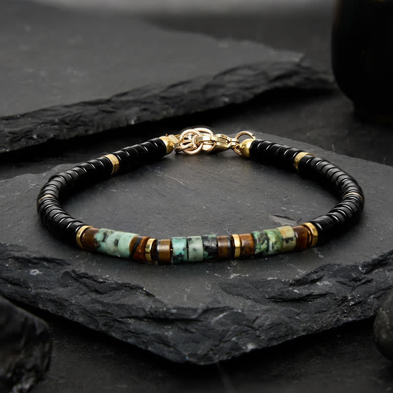 Buddha Stones Black Onyx and Turquoise Protection Round Bead Bracelet - image 1