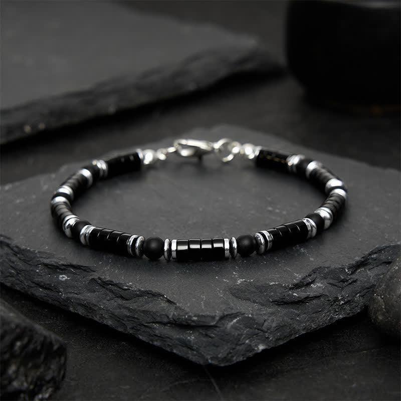 Buddha Stones Black Onyx Cylindrical Frosted Spacer Bead Protection Bracelet - image 1