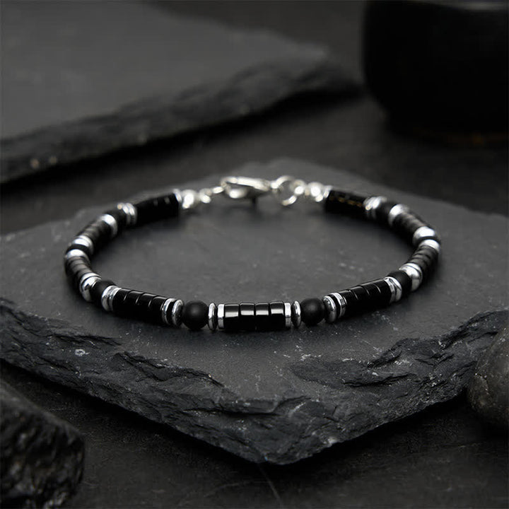 Buddha Stones Black Onyx Cylindrical Frosted Spacer Bead Protection Bracelet - image 1