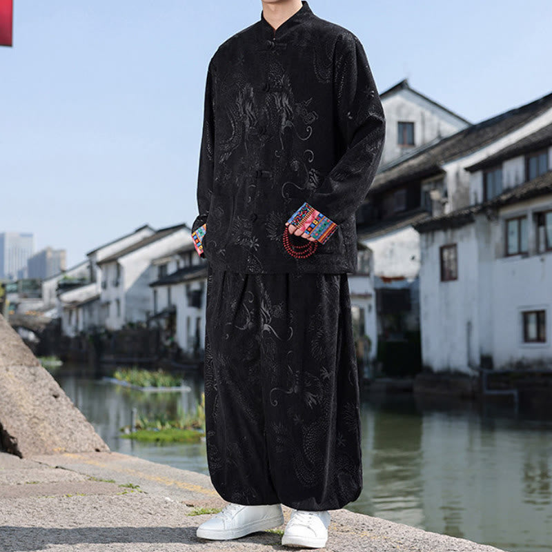 Buddha Stones Fall Winter Tang Style Vintage Mandarin Collar Frog Button Abstract Cotton Shirt Pants Men's Meditation Cloth With Pockets - image 14
