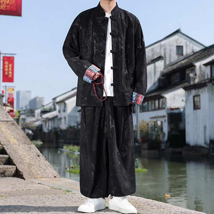 Buddha Stones Fall Winter Tang Style Vintage Mandarin Collar Frog Button Abstract Cotton Shirt Pants Men's Meditation Cloth With Pockets - image 12