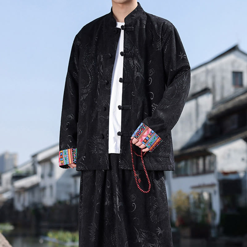 Buddha Stones Fall Winter Tang Style Vintage Mandarin Collar Frog Button Abstract Cotton Shirt Pants Men's Meditation Cloth With Pockets - image 18