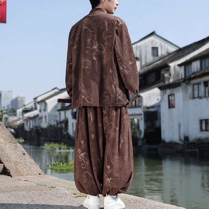 Buddha Stones Fall Winter Tang Style Vintage Mandarin Collar Frog Button Abstract Cotton Shirt Pants Men's Meditation Cloth With Pockets - image 4