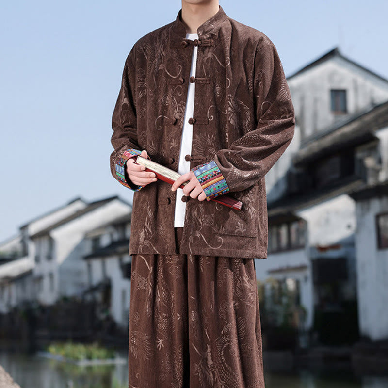 Buddha Stones Fall Winter Tang Style Vintage Mandarin Collar Frog Button Abstract Cotton Shirt Pants Men's Meditation Cloth With Pockets - image 6