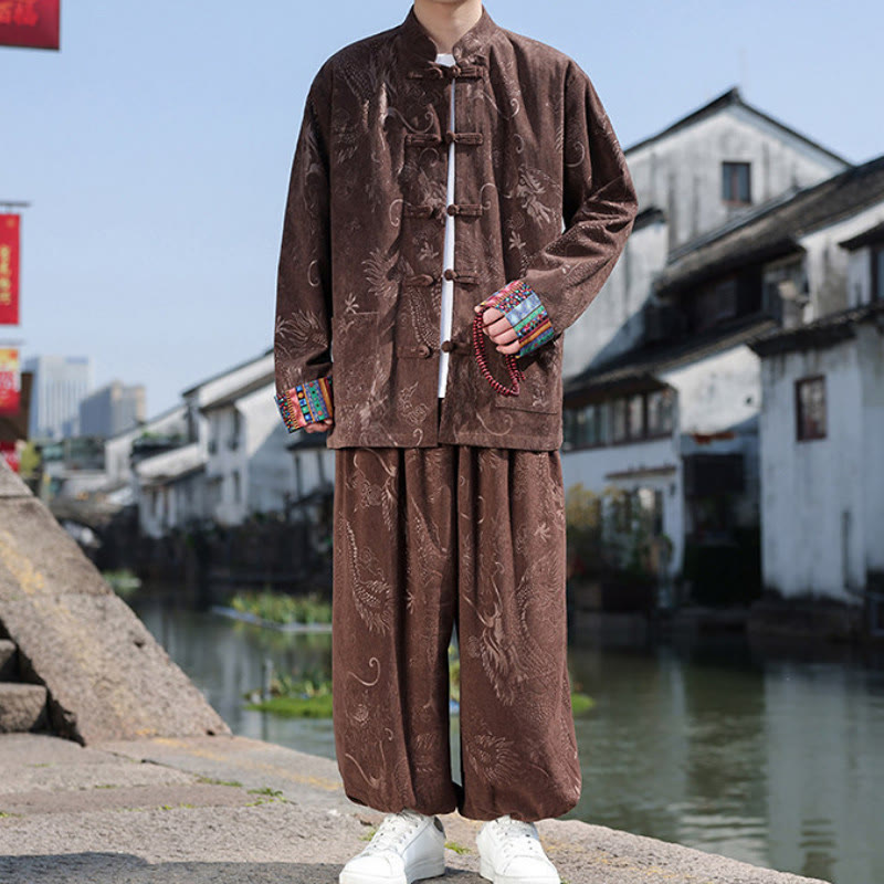 Buddha Stones Fall Winter Tang Style Vintage Mandarin Collar Frog Button Abstract Cotton Shirt Pants Men's Meditation Cloth With Pockets - image 2