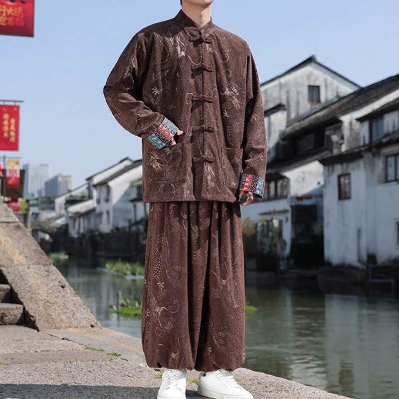 Buddha Stones Fall Winter Tang Style Vintage Mandarin Collar Frog Button Abstract Cotton Shirt Pants Men's Meditation Cloth With Pockets - image 1