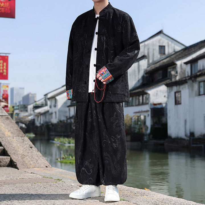 Buddha Stones Fall Winter Tang Style Vintage Mandarin Collar Frog Button Abstract Cotton Shirt Pants Men's Meditation Cloth With Pockets - image 16
