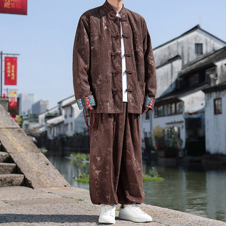 Buddha Stones Fall Winter Tang Style Vintage Mandarin Collar Frog Button Abstract Cotton Shirt Pants Men's Meditation Cloth With Pockets - image 3