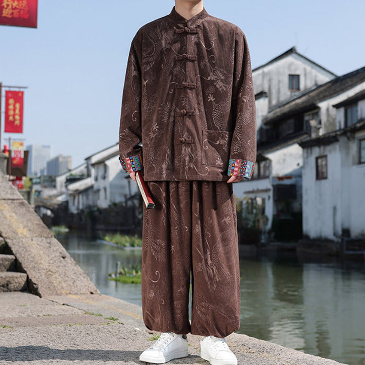 Buddha Stones Fall Winter Tang Style Vintage Mandarin Collar Frog Button Abstract Cotton Shirt Pants Men's Meditation Cloth With Pockets - image 5