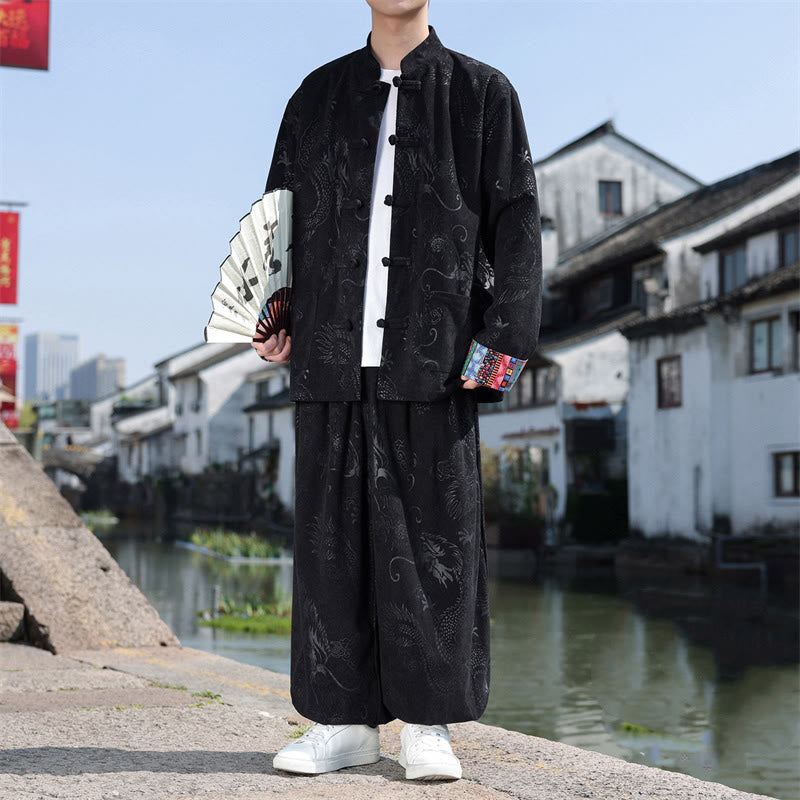 Buddha Stones Fall Winter Tang Style Vintage Mandarin Collar Frog Button Abstract Cotton Shirt Pants Men's Meditation Cloth With Pockets - Black - US/UK/AU46，EU56 (5XL) - image 11