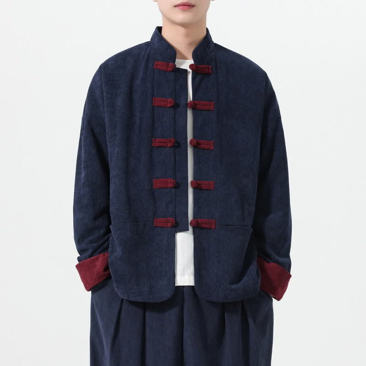 Buddha Stones Fall Winter Casual Tang Style Frog Button Solid Men's Jackets With Pockets - Navy - US/UK/AU46，EU56 (5XL) - image 0
