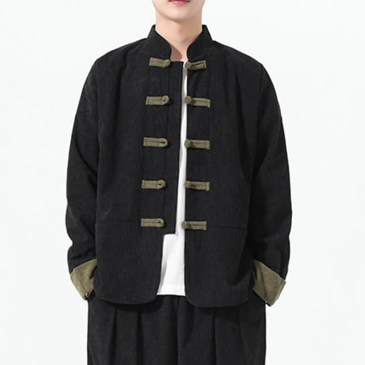 Buddha Stones Fall Winter Casual Tang Style Frog Button Solid Men's Jackets With Pockets - image 9