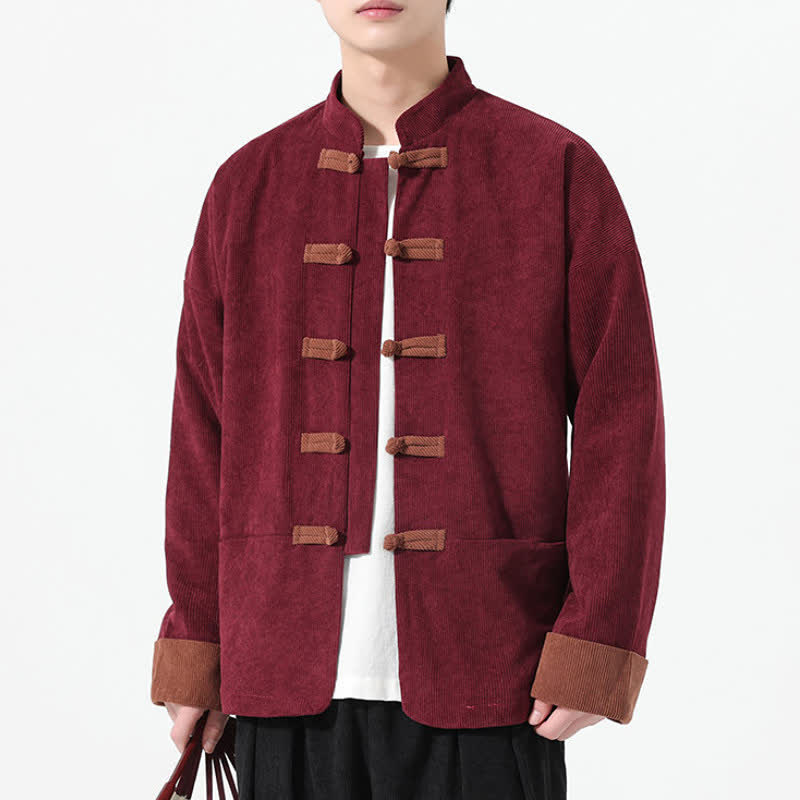 Buddha Stones Fall Winter Casual Tang Style Frog Button Solid Men's Jackets With Pockets - image 13