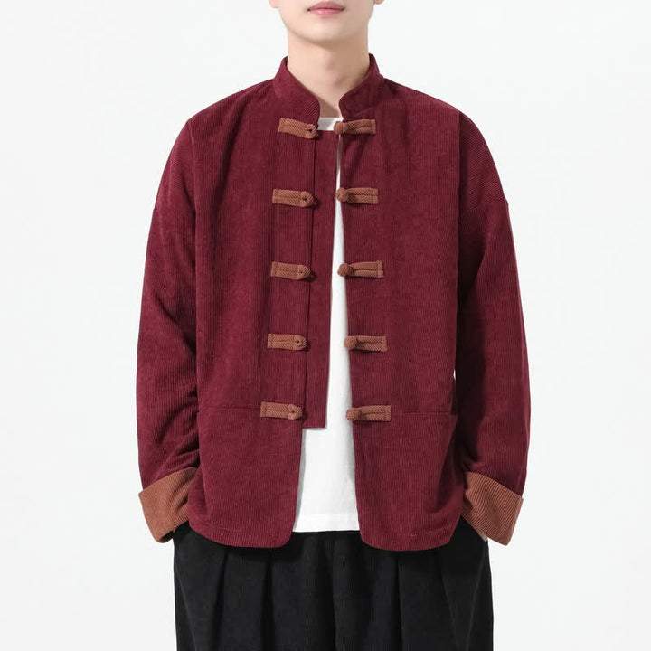 Buddha Stones Fall Winter Casual Tang Style Frog Button Solid Men's Jackets With Pockets - Maroon - US/UK/AU46，EU56 (5XL) - image 11