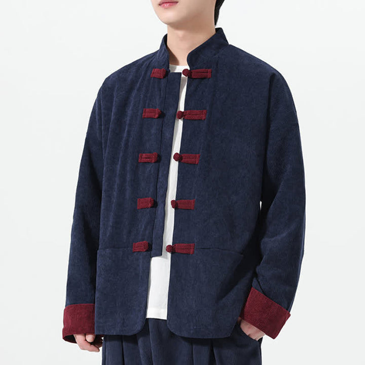 Buddha Stones Fall Winter Casual Tang Style Frog Button Solid Men's Jackets With Pockets - image 1
