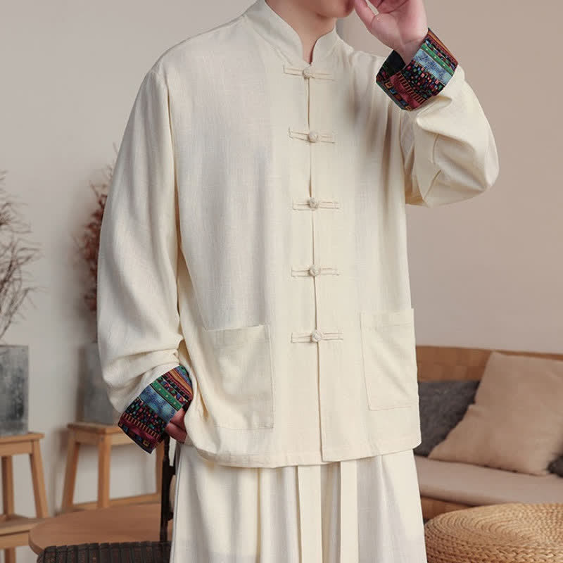 Buddha Stones Fall Winter Casual Tang Style Frog Button Mandarin Collar Solid Men's Jackets With Pockets - image 1