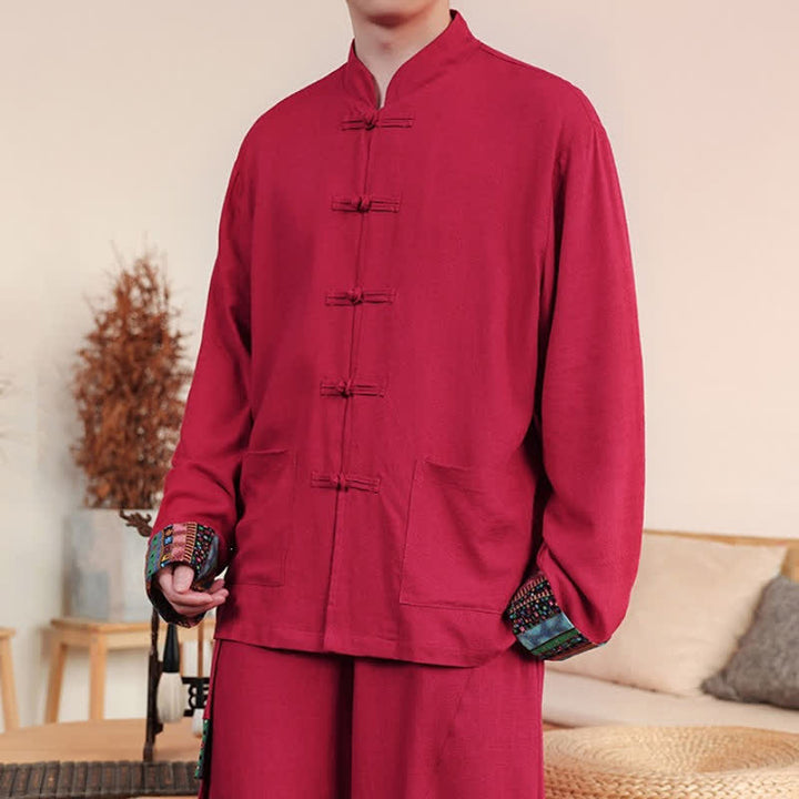 Buddha Stones Fall Winter Casual Tang Style Frog Button Mandarin Collar Solid Men's Jackets With Pockets - image 13
