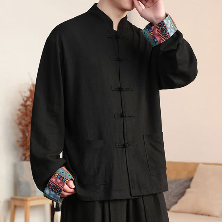 Buddha Stones Fall Winter Casual Tang Style Frog Button Mandarin Collar Solid Men's Jackets With Pockets - image 4