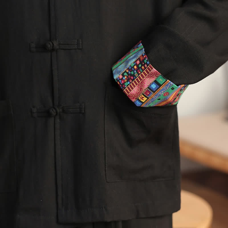 Buddha Stones Fall Winter Casual Tang Style Frog Button Mandarin Collar Solid Men's Jackets With Pockets - image 9