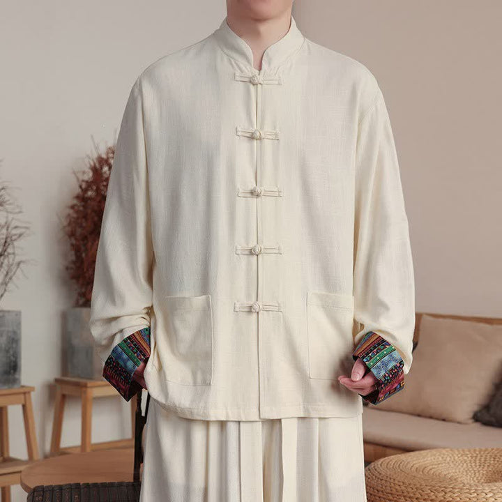 Buddha Stones Fall Winter Casual Tang Style Frog Button Mandarin Collar Solid Men's Jackets With Pockets - AntiqueWhite - US/UK/AU46，EU56 (5XL) - image 0