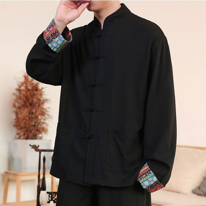 Buddha Stones Fall Winter Casual Tang Style Frog Button Mandarin Collar Solid Men's Jackets With Pockets - image 5