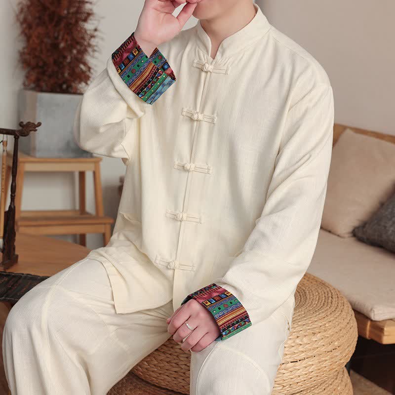 Buddha Stones Fall Winter Casual Tang Style Frog Button Mandarin Collar Solid Men's Jackets With Pockets - image 2