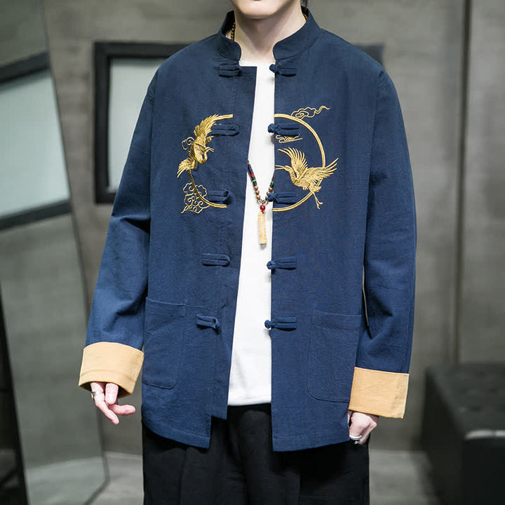 Buddha Stones Fall Winter Tang Style Vintage Frog Button Crane Clouds Embroidery Pattern Cotton Men's Jacket With Pockets - MidnightBlue - US/UK/AU46，EU56 (5XL) - image 15