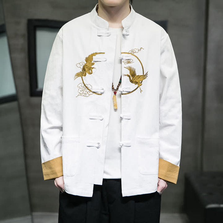 Buddha Stones Fall Winter Tang Style Vintage Frog Button Crane Clouds Embroidery Pattern Cotton Men's Jacket With Pockets - White - US/UK/AU46，EU56 (5XL) - image 26