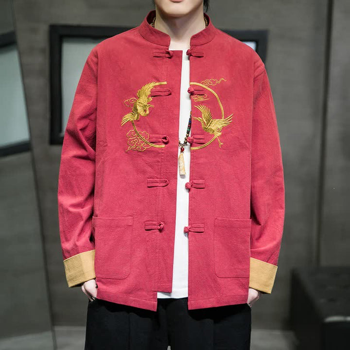 Buddha Stones Fall Winter Tang Style Vintage Frog Button Crane Clouds Embroidery Pattern Cotton Men's Jacket With Pockets - Crimson - US/UK/AU46，EU56 (5XL) - image 0