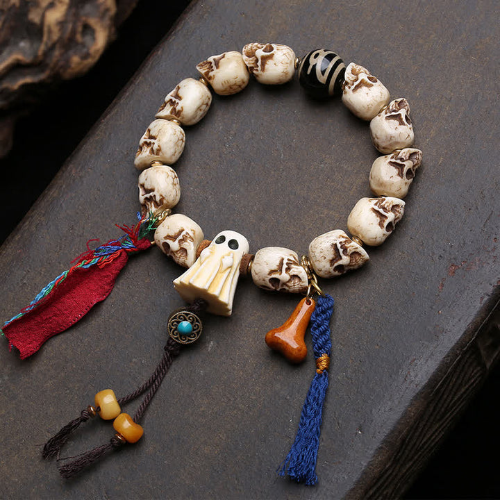 Buddha Stones Hand Carved Bone Bead Lord of the Corpse Forest Dzi Bead Protection Bracelet - 6.3–6.7 in /16–17 cm - image 0